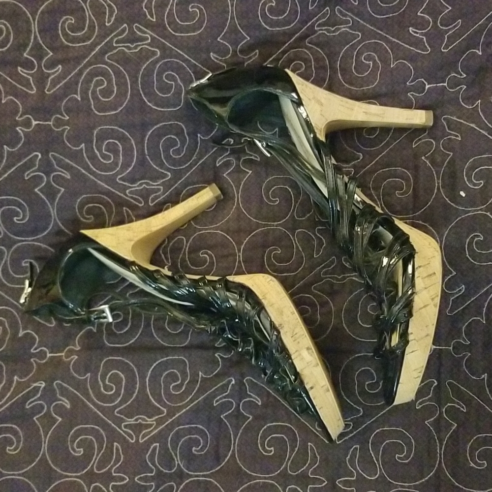 Black patent leather high heel strappy sandals